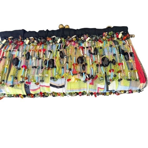 Mary Francis Silk Beaded Purse Mulicolored Bead Strands Hidden Strap Kiss Lock